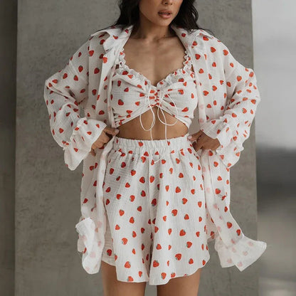 European and American ruffled underwear long-sleeved shorts three-piece set pure cotton pajamas for women - Shello's Creative Boutique