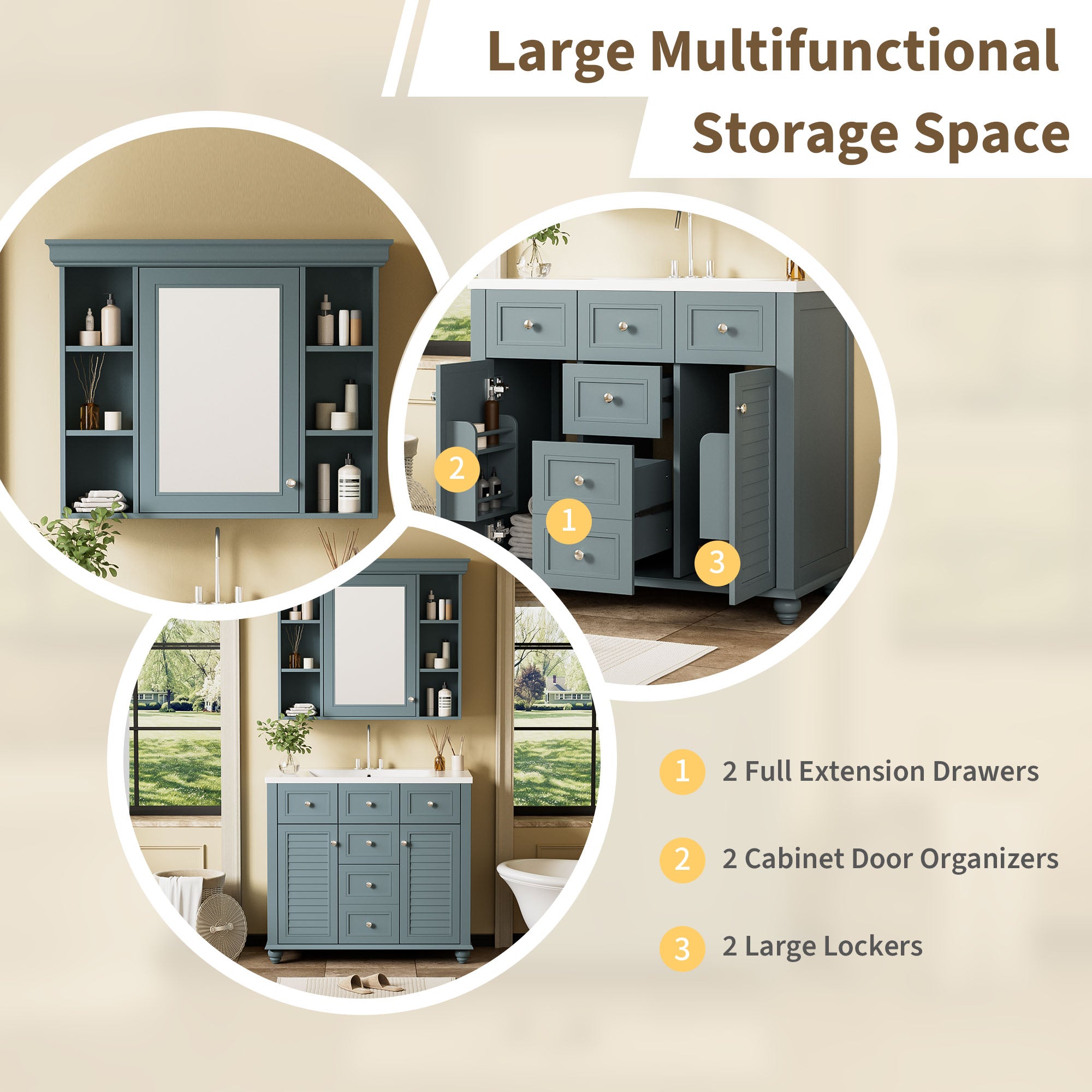 36 inch modern mirror cabinet with adjustable shelves, 2 soft closing doors, and 6 drawer storage cabinet door organizers eprolo