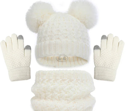 European and American children's hats, scarves, gloves, three piece set, autumn and winter plush and thickened double ball baby hats - Shello's Creative Boutique