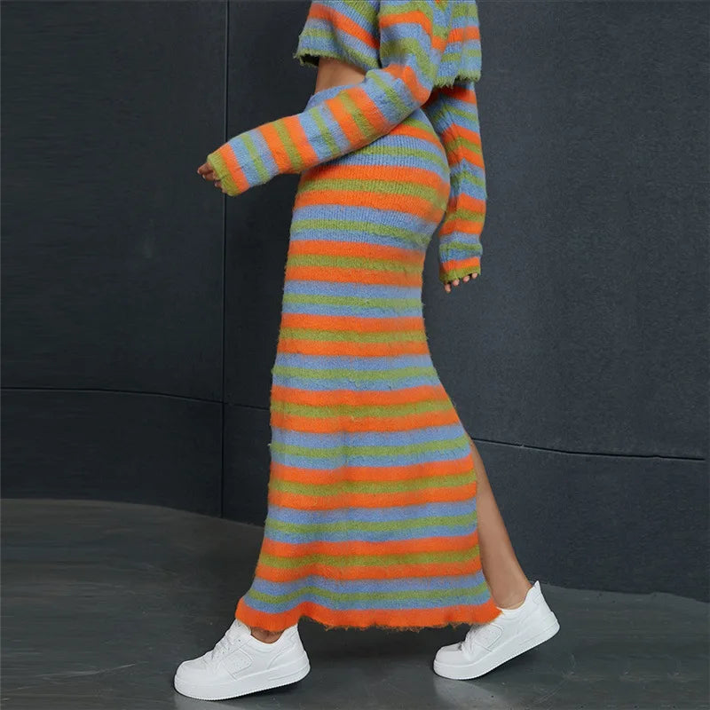 Autumn Knitted Striped Two Piece Sets Women Y2K Long Sleeve Jacket Coat High Slit Long Skirts Suite Evening Party Dress Sets eprolo