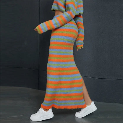 Autumn Knitted Striped Two Piece Sets Women Y2K Long Sleeve Jacket Coat High Slit Long Skirts Suite Evening Party Dress Sets eprolo
