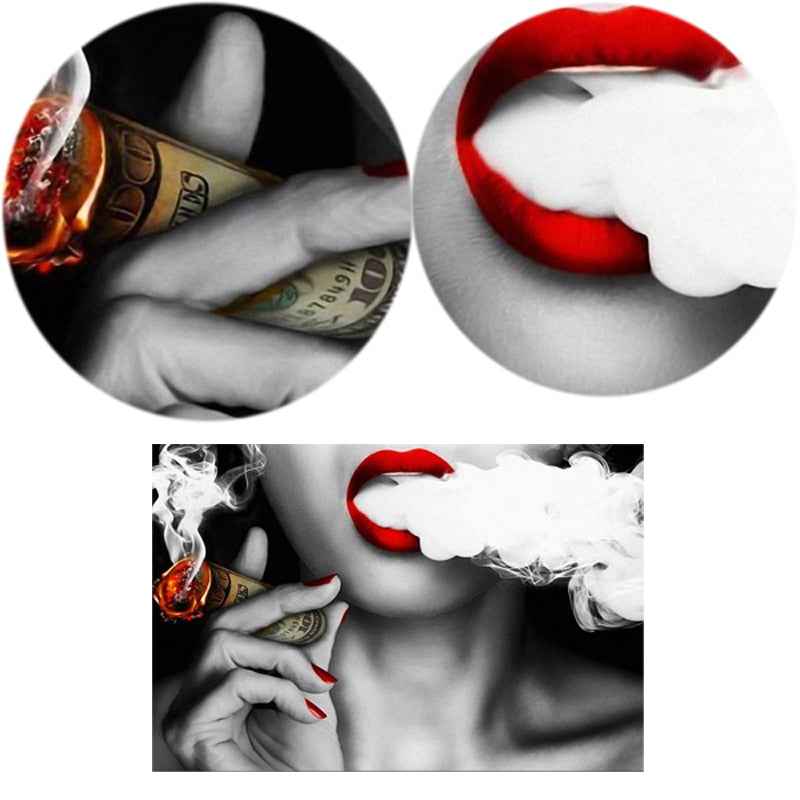 Abstract Portrait Wall Art - Modern Canvas Painting of Women with Smoke and Money for Creative Decor