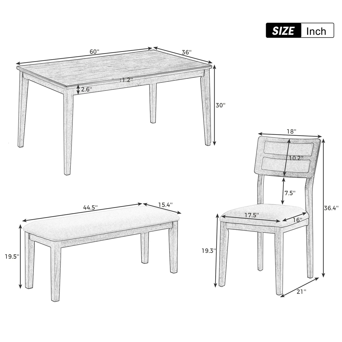 TREXM Classic and Traditional Style 6 - Piece Dining Set, Includes Dining Table 4 Upholstered Chairs & Bench (White+Gray) - Shello's Creative Boutique
