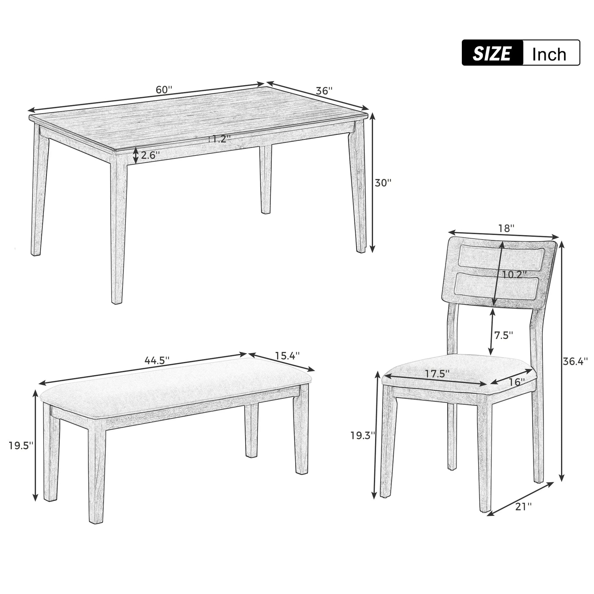 TREXM Classic and Traditional Style 6 - Piece Dining Set, Includes Dining Table 4 Upholstered Chairs & Bench (White+Gray) - Shello's Creative Boutique