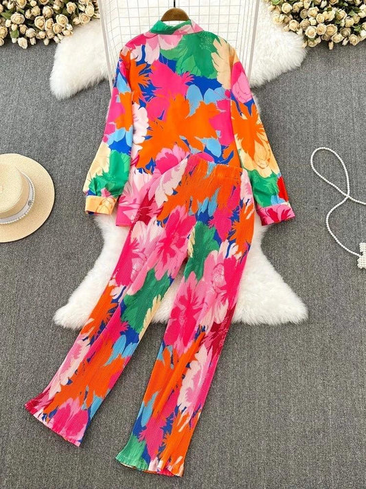 Spring Women Sleepwear Casual Loose Tie-dyed Trousers Suit Long Sleeve Shirts Blouses Wide Leg Pant Female Pajamas 2 Pieces - Shello's Creative Boutique