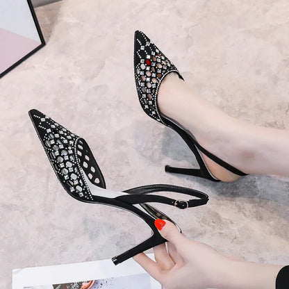 Semi-trail pointed toe rhinestone thin heel bag toe high heel strap - Shello's Creative Boutique