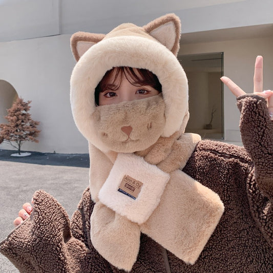 Adorable Bear Lei Feng Hat & Scarf Set - Rabbit Hair Winter One-Piece for Women