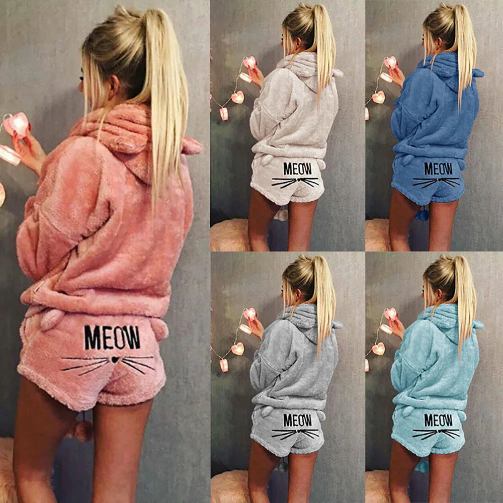 Women Pajama Sets Winter Warm Pyjamas Ladies Homewear Sleepwear Cartoon Cat Embroidery Female Nightgown Suit - Shello's Creative Boutique