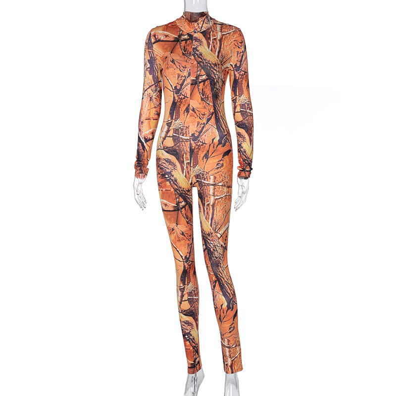 Long Sleeve Print Zip Up Skinny Bodycon Jumpsuit Autumn Winter Women Fashion Sexy Streetwear Casual Romper eprolo
