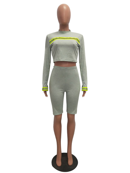 Side Stripe Reflective Set Sexy Two Piece Set Tracksuit Women Crop Top and Biker Shorts Club Outfits Neon Matching Sets eprolo