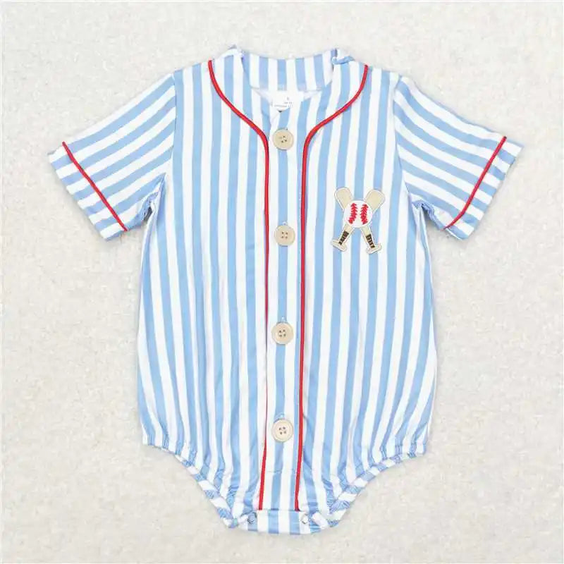 Baseball Stripe Summer Sibling Romper Set – Unisex Blue Striped Short Sleeve Outfit (Ages 4–6) Shello's Creative Boutique