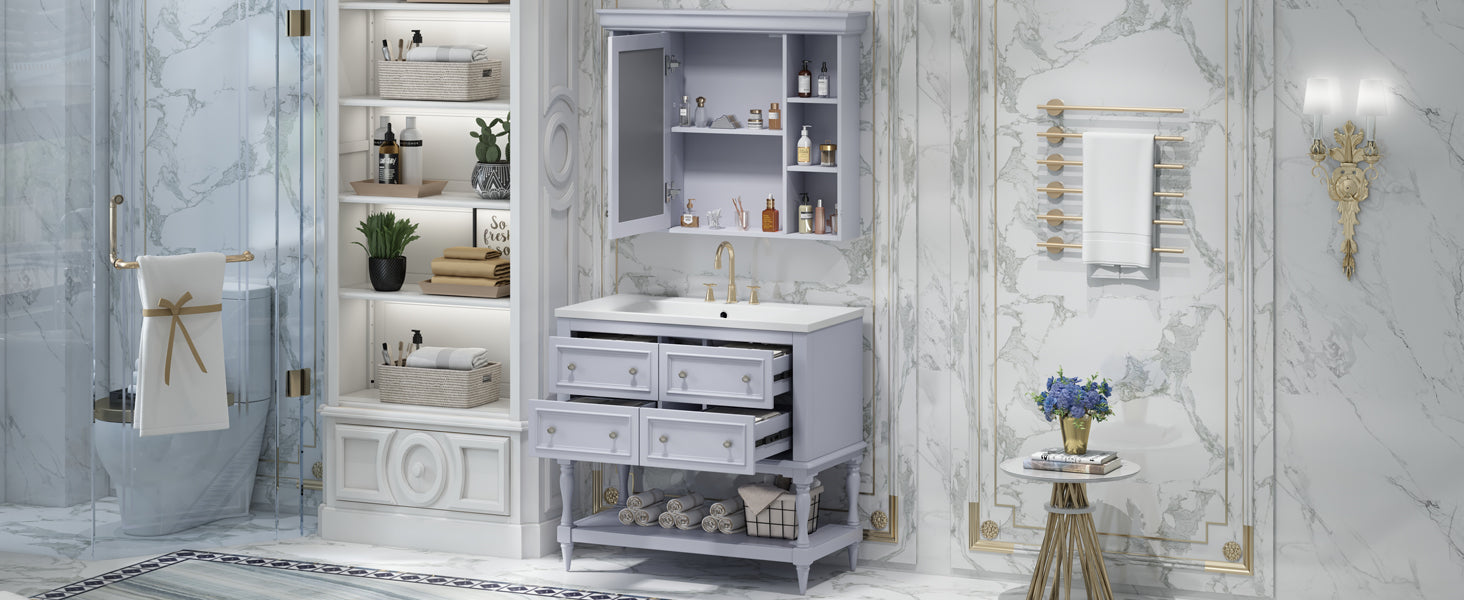 36'' Bathroom Vanity with Medicine Cabinet, Modern Mirror Cabinet with Adjustable Shelf, Bathroom Storage Cabinet with 4 Drawers eprolo