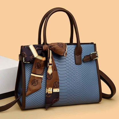 Genuine Leather Women's Briefcase - Commuting Style Bag in Embossed Snakeskin Pattern with Contrasting Color - Shello's Creative Boutique