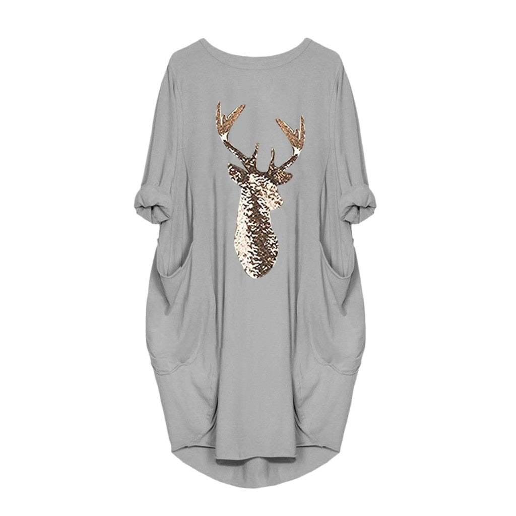 Women long sleeve dress harajuku casual knee-length dress s-5xl plus size dresses elbise christmas moose print party vestidos eprolo