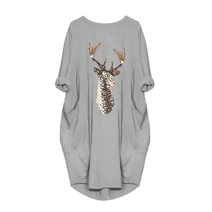 Women's Christmas Moose Print Dress - Long Sleeve Knee-Length (S-5XL) - Shello's Creative Boutique