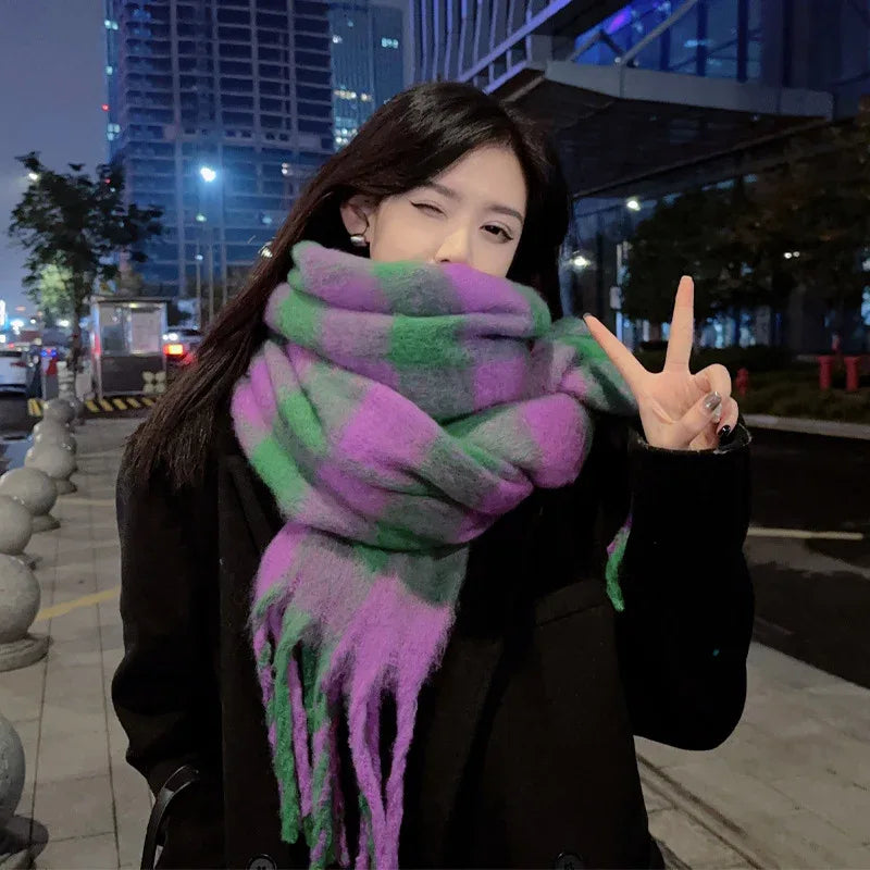 Women Plaid Scarf Winter Pashmina Shawls Cashmere Thick Wraps Lady Tassel Warm Scarves Rainbow - Shello's Creative Boutique