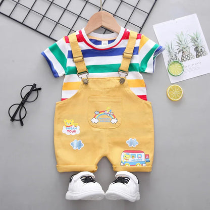 Children's Clothing Boys Striped Short Sleeve Printed Straps Two-Piece Fashion Cute Boy Summer Thin Section - Shello's Creative Boutique