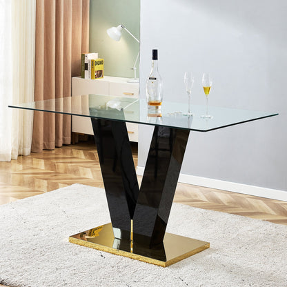 Large Modern Minimalist Rectangular Glass Dining Table for 6-8 with 0.4" Tempered Glass Tabletop and MDF slab V-Shaped Bracket eprolo