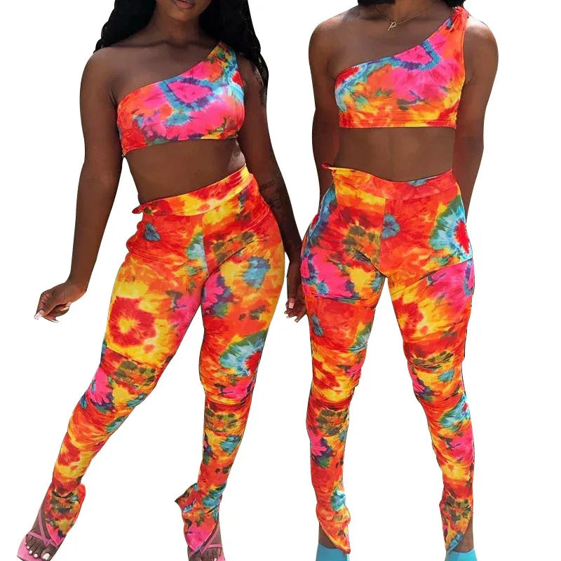 Sexy Ladies Fashion Print One Shoulder Sleeveless Vest Tights Set Two Piece Set - Shello's Creative Boutique