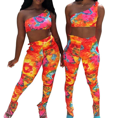 Sexy Ladies Fashion Print One Shoulder Sleeveless Vest Tights Set Two Piece Set - Shello's Creative Boutique