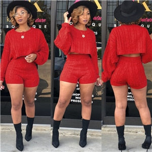 Women Knitted Sweaters Two Piece Set O Neck Long Sleeve Loose Crop Top High Waist Shorts eprolo