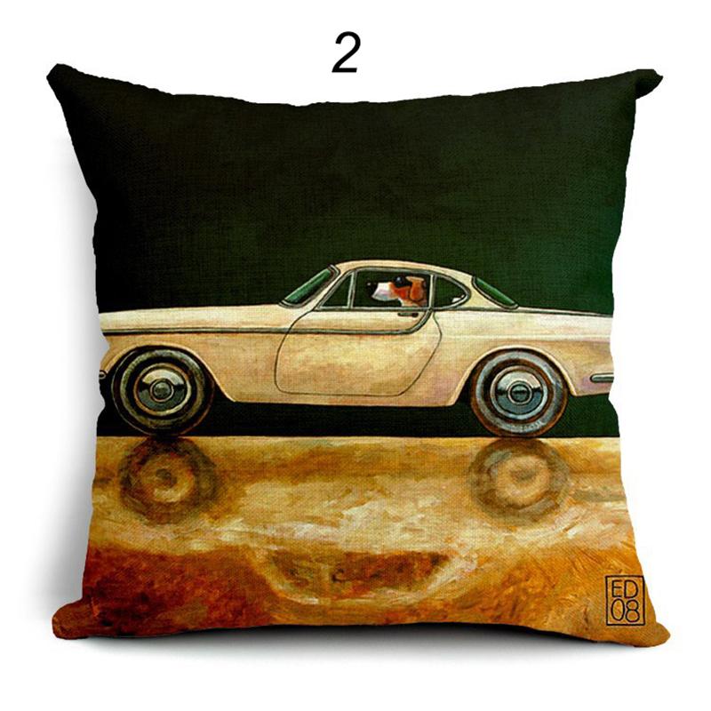Pillow Lovely Cartoon Dog Driving Car Vintage Almofadas 45X45CM Linen Pillow Decorative Linen Cushion Cover Shello Creative Boutique