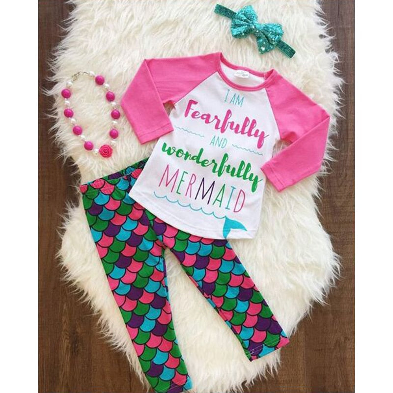 Beautiful and Cute Printed Mermaid Little Girls Pajamas Set Long Sleeves T-shirt with Pants Sleepwear eprolo