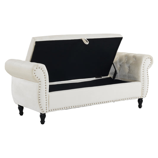 Velvet Multifunctional Storage Rectangular ottoman bench with 1 Pillow, Beige 