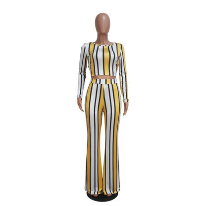 Sexy 2 two piece set top and pants autumn outfits tracksuit women long sleeve wide leg pants striped print - Shello's Creative Boutique