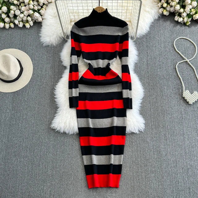 Women Temperament High Waist Knit Wrap Buttocks Dresses Stand Collar Long Sleeve Stripe Vestidos Autumn Winter eprolo