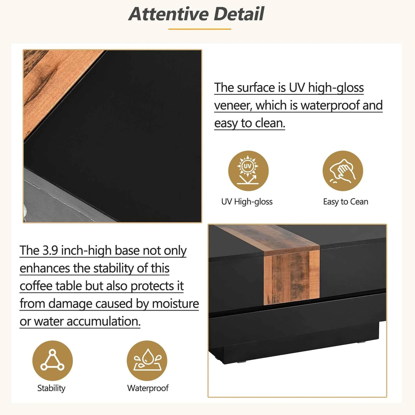 Modern High Gloss Coffee Table - 80cm Square with Sliding Top & Hidden Storage (Black) - Shello's Creative Boutique