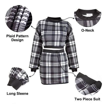 Women Two Piece Set Plaid Sweater Crop Top And Skirt Set - Shello's Creative Boutique