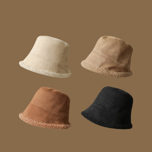 Double-Sided Wear Deerskin Velvet Bucket Hat Girls Autumn And Winter Thickened Lamb's Wool To Prevent Cold Warm eprolo