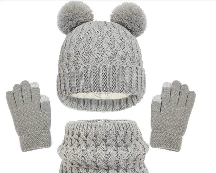 European and American children's hats, scarves, gloves, three piece set, autumn and winter plush and thickened double ball baby hats - Shello's Creative Boutique