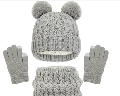 European and American children's hats, scarves, gloves, three piece set, autumn and winter plush and thickened double ball baby hats - Shello's Creative Boutique
