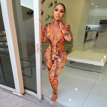 Long Sleeve Print Zip Up Skinny Bodycon Jumpsuit Autumn Winter Women Fashion Sexy Streetwear Casual Romper eprolo