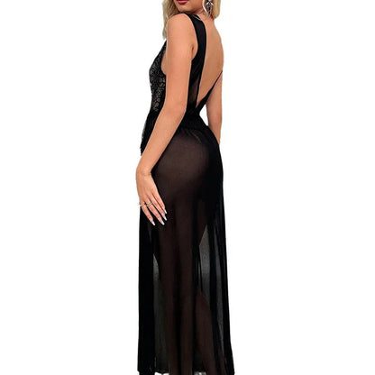 Sexy lingerie women's deep V-slit lace patchwork suspender long skirt set - Shello's Creative Boutique