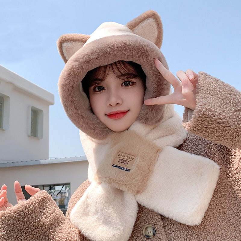 Adorable Bear Lei Feng Hat & Scarf Set - Rabbit Hair Winter One-Piece for Women