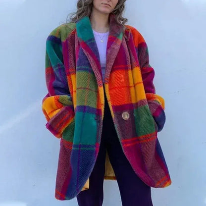 Panelled Plaid Women Jacket Long Sleeve Pocket Single Breasted Casual Female Coat Spring V-neck Elegant Lady Overcoat - Shello's Creative Boutique