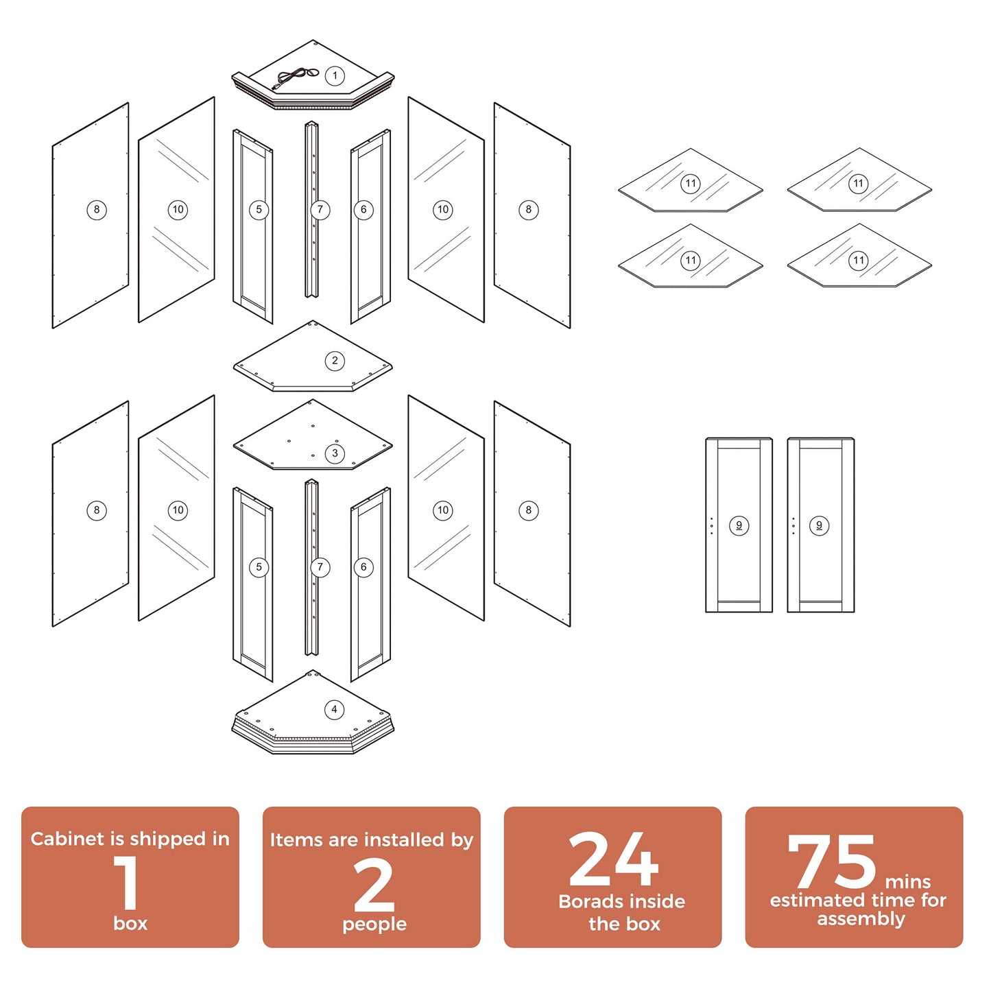 Corner Curio cabinet with lights, adjustable tempered glass frame, display cabinet, cherry color (excluding E26 light bulbs) eprolo