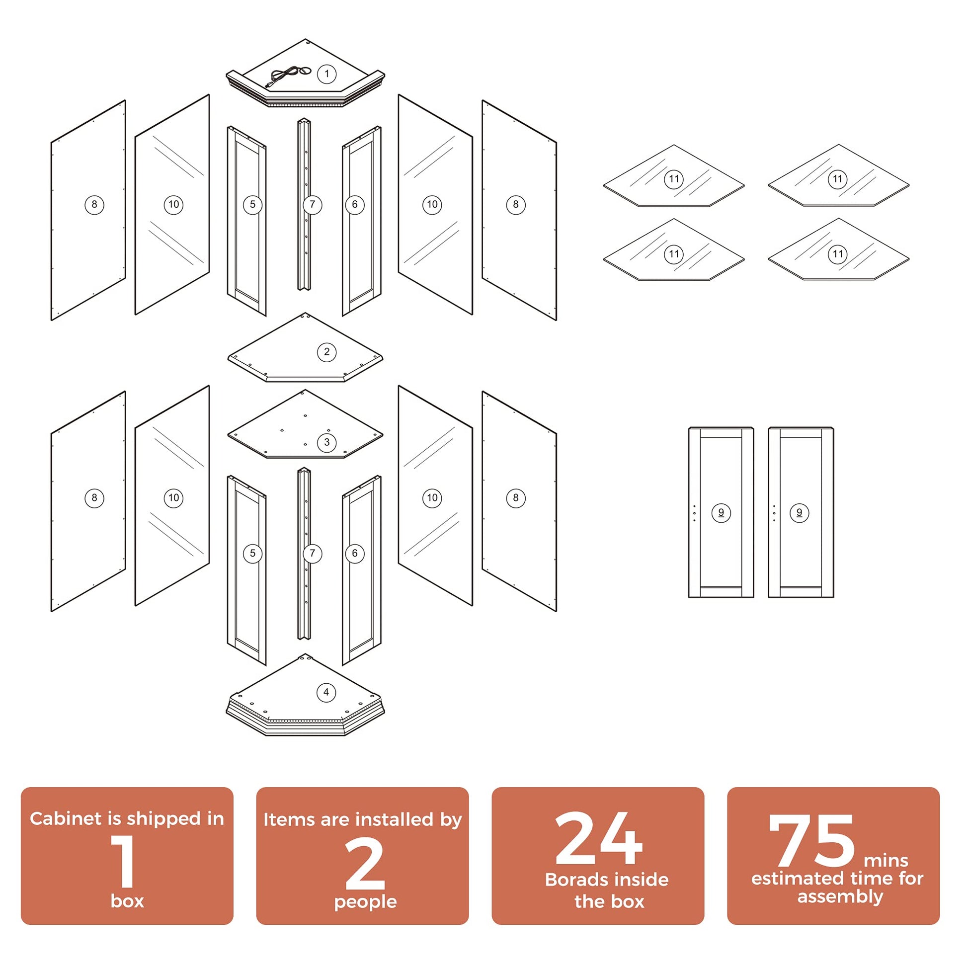 Corner Curio cabinet with lights, adjustable tempered glass frame, display cabinet, cherry color (excluding E26 light bulbs) eprolo