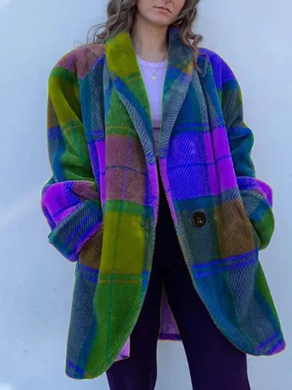Panelled Plaid Women Jacket Long Sleeve Pocket Single Breasted Casual Female Coat Spring V-neck Elegant Lady Overcoat - Shello's Creative Boutique