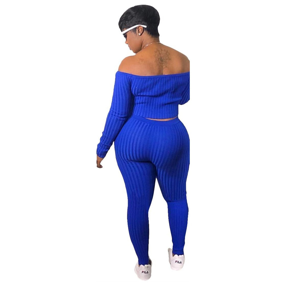 Two Piece Set Autumn Outfits Tracksuit Women Blue Ribbed Striped Slash Neck Short Tops Pencil  Pants eprolo