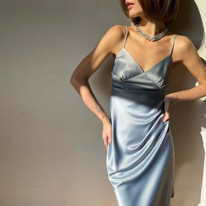 Satin Slip Dress - Deep V Neck Party Dress - Shello's Creative Boutique