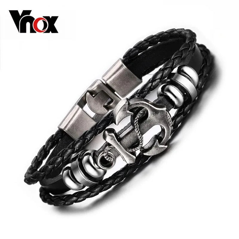 Vnox Anchor Bracelet Black Braided Leather Charm Men Jewelry - Shello's Creative Boutique