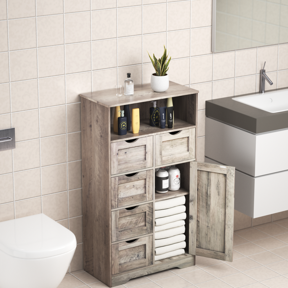 5 Drawers Storage Cabinet with Adjustable Shelves, Bathroom Cabinet with Doors, Floor Cabinet for Living Room Grey eprolo