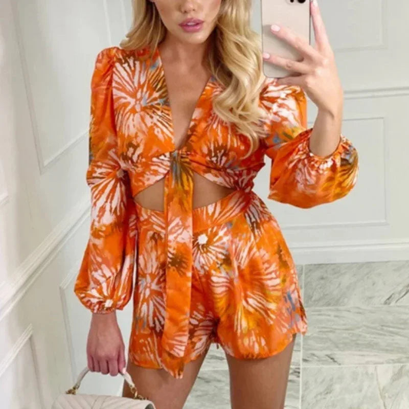 Red Print 3-Piece Set - Long Sleeve Blouse & Mini Shorts Y2K - Shello's Creative Boutique