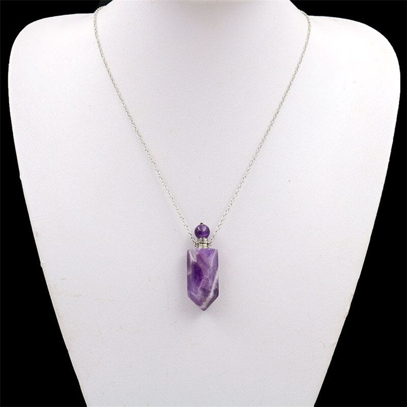 Natural Crystal Hexagonal Perfume Bottle Pendant Necklace  Fluorite Pendant Essential Oil Jar Chain Necklace Shello Creative Boutique