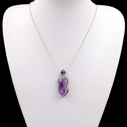 Natural Crystal Hexagonal Perfume Bottle Pendant Necklace Fluorite Pendant Essential Oil Jar Chain Necklace - Shello's Creative Boutique