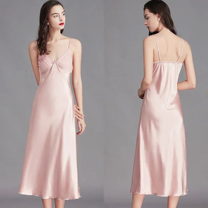 Ice Silk Long Nightdress - Spaghetti Strap Summer Sleepwear - Shello's Creative Boutique